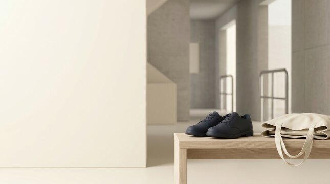 Urban Mobility and Transit for an Efficient Daily Commute, Minimalist entryway with shoes and bag on a wooden bench against neutral walls.