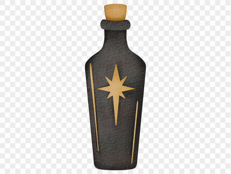 Black potion bottle with golden star, watercolor Halloween illustration Vector.