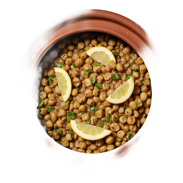 Chickpeas garbanzo stew delicious chickpea curry with lemon wedges and herbs in a clay pot on a transparent background