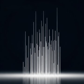 Abstract 3D render of multiple thin vertical glass columns or light rods with varying heights illuminated from a glowing reflective base against a solid dark black background.