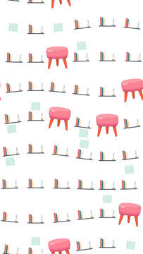 Seamless pattern of pink stools, pillows, and bookshelves