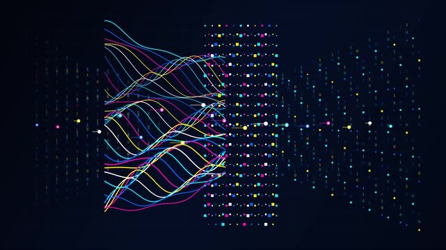 Abstract digital data visualization featuring colorful flowing wave lines and binary code patterns representing information processing