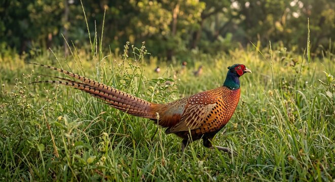 Ring necked pheasant walking in green grassy meadow field