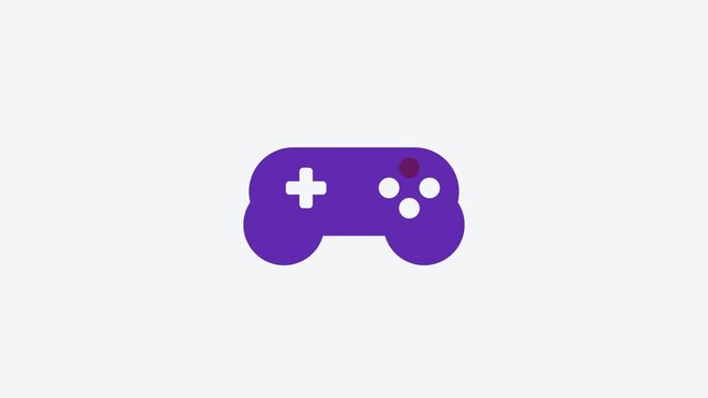 Animated flat game controller icon in a minimal vector style, purple and violet on a bright light background. Smooth 4K seamless loop with the symbol isolated in the centre of the frame, leaving room 