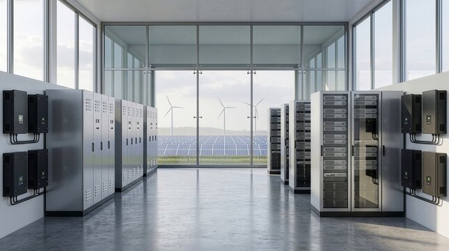 Modern server room interior with rows of high tech computer racks in a bright contemporary data center facility