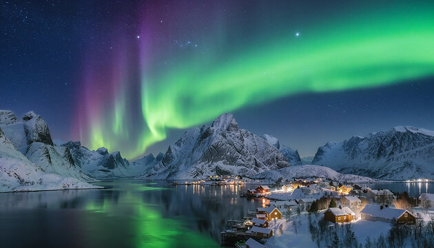 Aurora Borealis over Snowy Village Generative AI