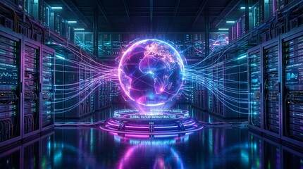 Fototapeta premium Global data connectivity platform with holographic Earth, cloud infrastructure, real-time information exchange, enterprise networking, digital transformation, scalable technology, futuristic innovatio