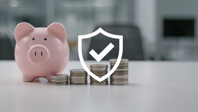 Piggy bank with stacked coins and security shield icon represents savings protection, financial security, money management, safe investment, wealth planning and personal finance concept.

Standard lic