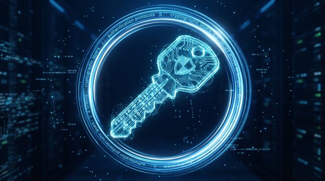 Digital cryptographic key within glowing security ring, advanced encryption technology, secure authentication, cyber protection, identity management, futuristic network security, trusted access.