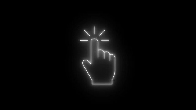 Glowing neon hand mouse cursor icon on black background. hand cursor with click 4k motion graphics video.