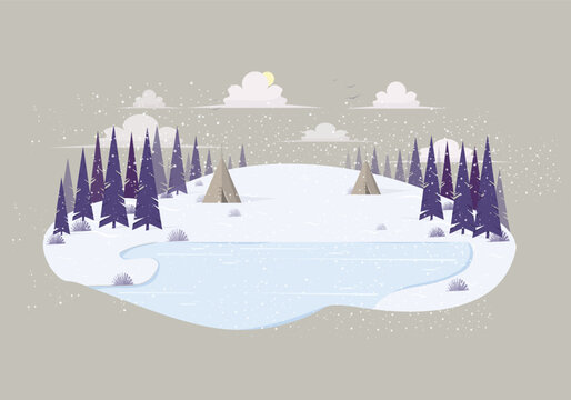 Winter landscape illustration with teepees and pine trees, flat design vector graphic of a snowy forest scene with frozen lake