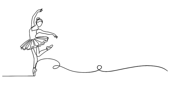 Continuous single line drawing of a graceful ballerina dancer performing a classic ballet dance pose with a elegant tutu dress and ballet shoes for artistic performance design concept