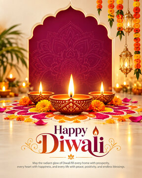 happy diwali three glowing diyas altar, traditional hindu festival light celebration banner, auspicious deepavali holiday warm candle background, sacred floral marigold decoration greeting card, spiri