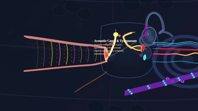 Animation illustrating the complex biological process of inner ear acoustic transduction, showing sound waves traveling through the acoustic canal to stimulate the auditory nerve