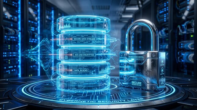 Secure enterprise database protected by cyber lock, data governance framework, encrypted information management, compliance security, zero-trust architecture, resilient digital infrastructure.