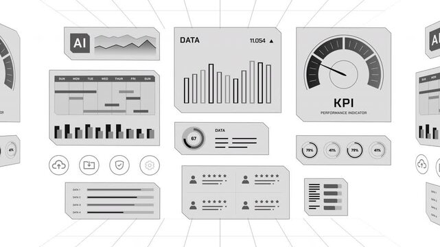 Wide perspective view of floating clean digital business dashboards in a 3D virtual grid environment.