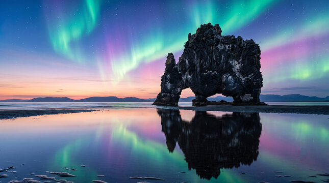 Dramatic Rock Arch Reflected in Tidal Water Beneath Colorful Northern Lights
