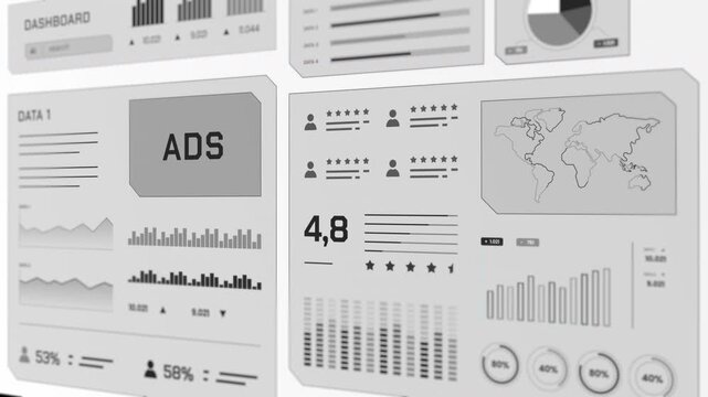 Perspective overview of clean minimalist ADS marketing dashboard displaying world map distribution and performance stats.