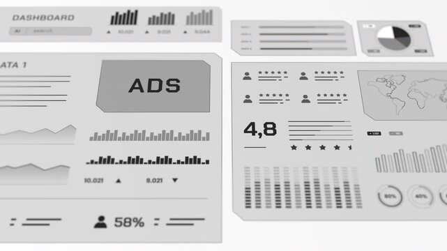 Frontal overview of grayscale business dashboard tracking digital advertising metrics, global map, and user reviews.
