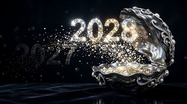 Luxury gold sparkles transitioning from 2027 to 2028 coming out of a decorative open shell on a dark background