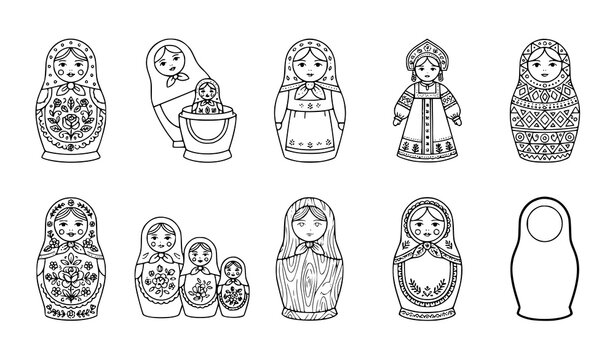 Set of hand drawn russian nesting dolls or matryoshka isolated on white background for coloring book page