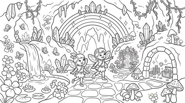Magical crystal cave coloring page with two fairies discovering a hidden treasure chest and a rainbow archway inside a sparkling underground grotto