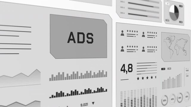 High tech angled overview of clean grayscale advertising dashboard tracking marketing campaign reach and stats.