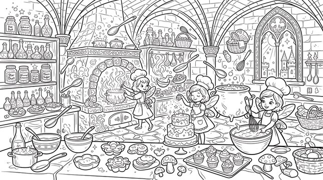 Magical fairy bakery kitchen coloring page with three fairies baking cakes and pastries in a stone room with a large fireplace and potion bottles