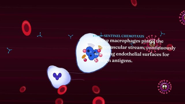 Detailed 2D animation illustrating leukocyte viral defense mechanism showing a macrophage identifying, engulfing, and destroying a pathogen through phagocytosis and lysosomal lysis in the bloodstream