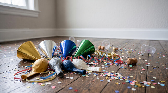Party hats and deflated balloons on floor with confetti