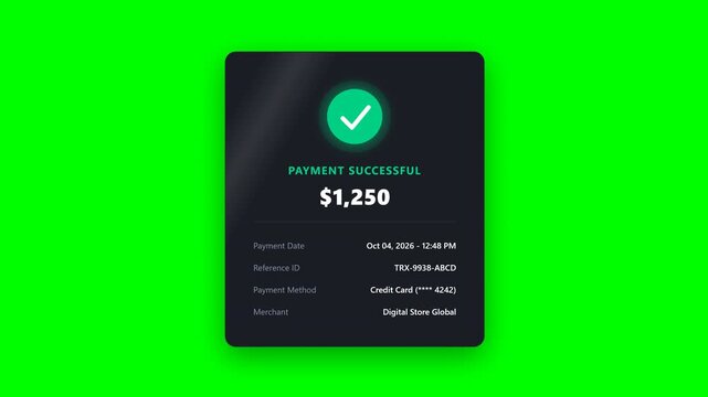Payment successful notification modal confirms transaction completion on screen.