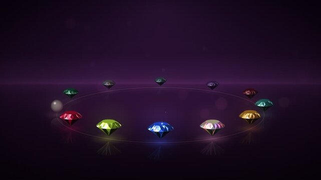 Twelve Birthstone Gems Rotating on Carousel Ring Seamless Loop