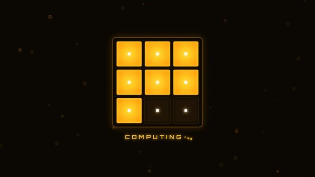 Premium 4K UI animation of a 3x3 quantum holographic matrix grid featuring sequential 12-second block activations, golden amber gradients, and floatin.