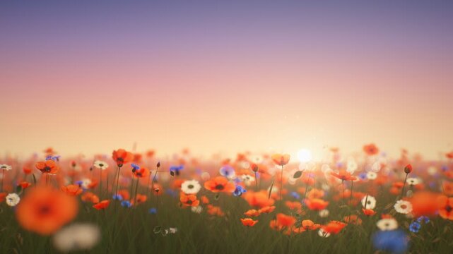Red Poppy Wildflower Meadow Swaying in Breeze at Sunset Seamless Loop