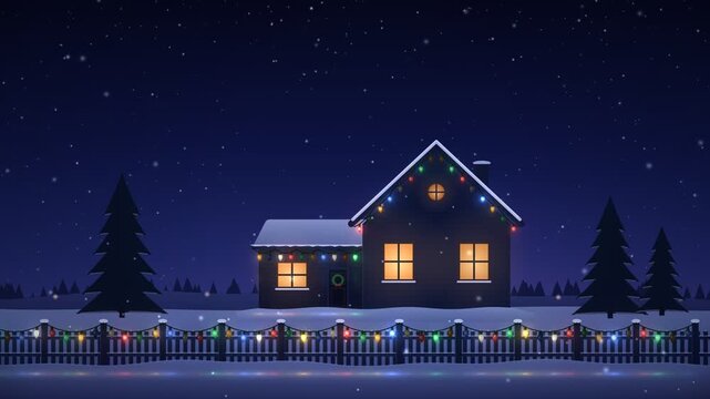 Retro C9 Christmas Lights Chasing on Snowy House Roofline Seamless Loop