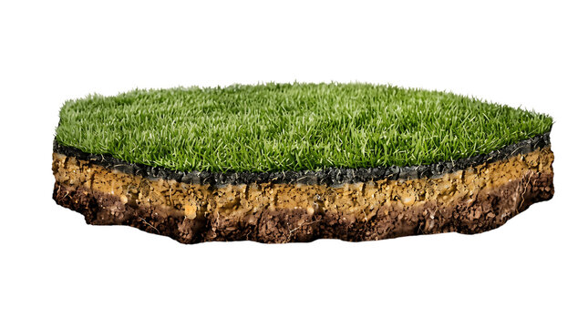 Cross section of ground with green grass layer and soil layers isolated