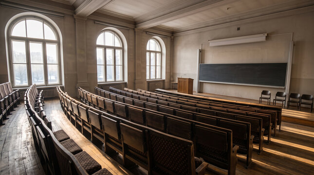 Empty lecture hall interior with blackboard