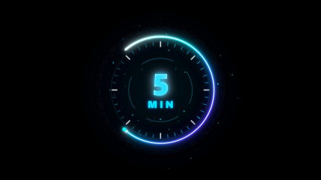 countdown timer neon digital clock graphic with circular hud interface displaying five minutes duration