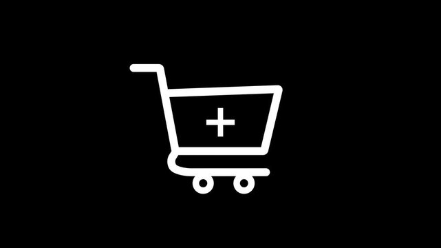 Animated white shopping cart with plus sign on black background.