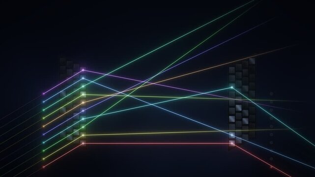 Optical Circuit Switch MEMS Mirrors Routing Colored Light Beams Animation