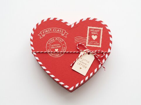 A charming flat-lay vector illustration of a red heart-shaped gift box styled like a vintage airmail envelope, featuring postmarks, stamps, airmail border, string bow, and a love letter tag.