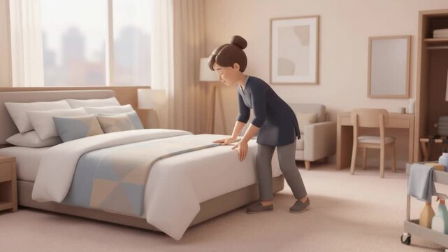 Housekeeper making hotel bed in bedroom for accommodation service, room cleaning, and hospitality industry video footage