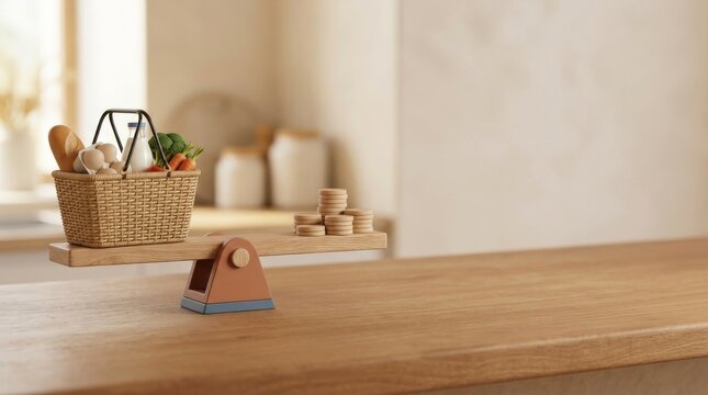 Miniature scale with a basket of groceries balanced against stacked coins on a wooden surface.