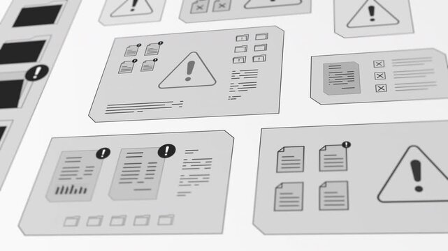 Low angle perspective view of high tech grayscale dashboard monitoring system folder alert icons and secure data file errors.