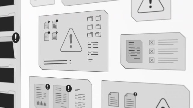 Perspective panning shot of grayscale cybersecurity interface displaying warning triangles, corrupted folders, and hazard signs.