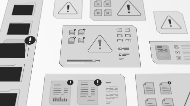 Low angle perspective view of high tech grayscale dashboard monitoring system folder alert icons and secure data file errors.