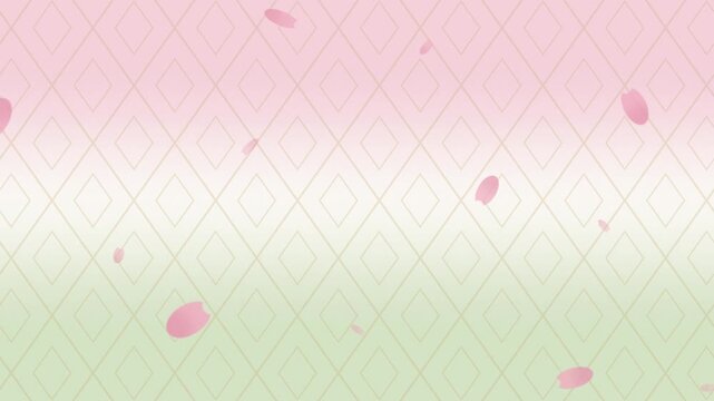 菱餅の三色に金の菱文と桃の花びらが舞うひな祭りの背景