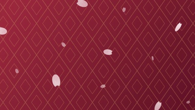 深い紅に金の菱文と白い花びらが舞う和風の背景
