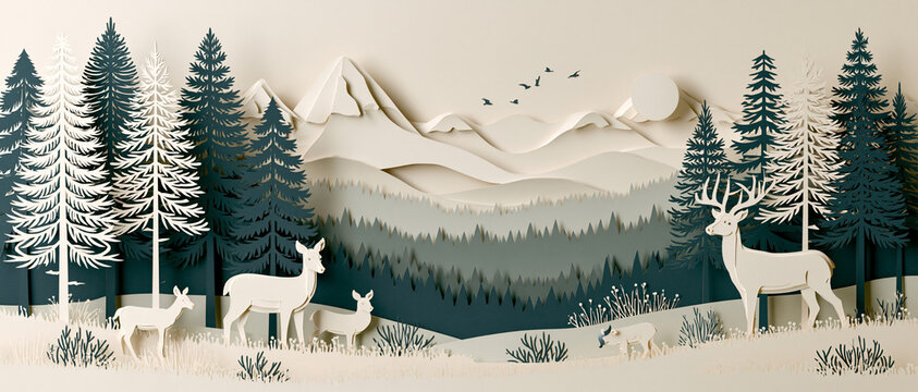 Minimalist Winter Snow Landscape with Deer