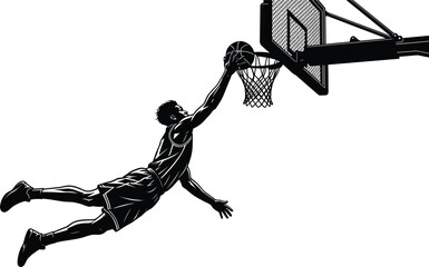 Dynamic black and white vector silhouette of an athletic basketball player leaping high in the air to slam dunk. © REKSENA